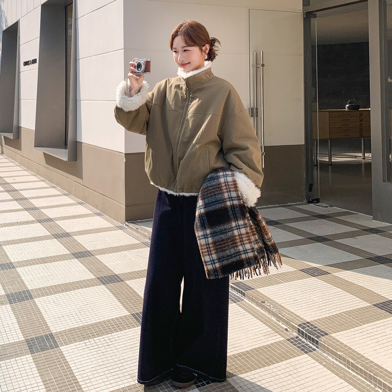 短款派克服女冬季新款韩版休闲时尚拉链仿羊羔毛内里加厚外套夹克,女装派克服,2C159