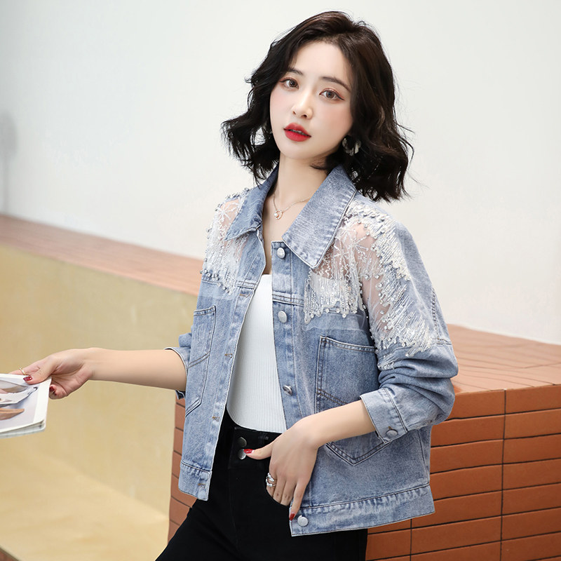 高街2025年春季拼接做旧超短时尚牛仔外套女显瘦街头长袖短款上衣，女装牛仔外套，自然秀,女装短外套,自然秀