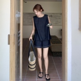 小个子复古松弛感牛仔套装女2025夏季新款简约圆领背心短裤两件套，女装套装/套裙，2C159