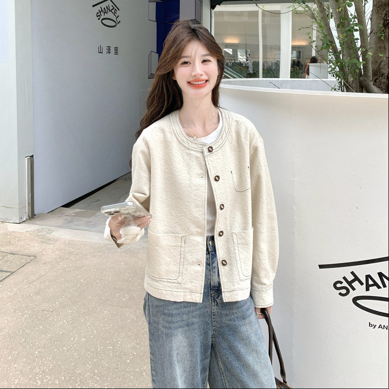 设计感复古显瘦圆领短外套女2025春秋季新款韩版宽松休闲夹克上衣,女装短外套,2C218