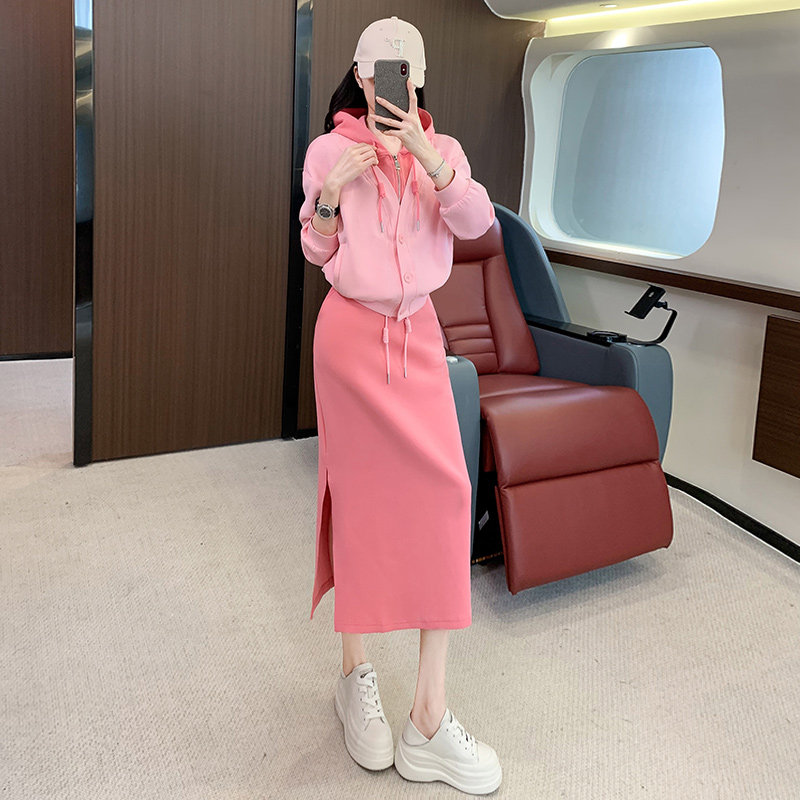 高级感时尚女秋季连帽卫衣收腰开叉半身裙两件套,女装套装/套裙,2C310
