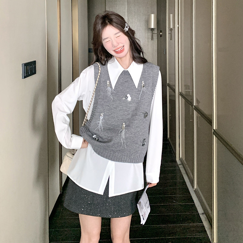 法式少女复古气质长袖衬衫上衣马甲套装女春秋新款时尚两件套,女装套装/套裙,2C166