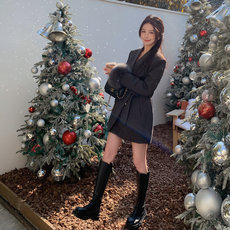 黑色中长款毛呢外套女2023秋冬新款韩版今年流行高级感加厚呢大衣,女装羽绒服,2C266