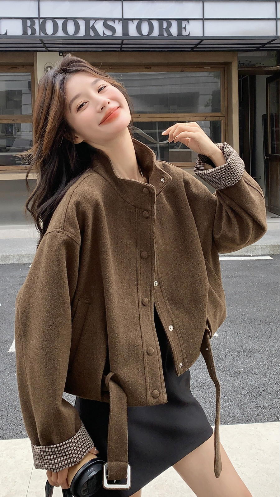 2025新款氛围感咖色格纹毛呢拼接外套C323-25905-P175控265,女装毛呢外套,2C323