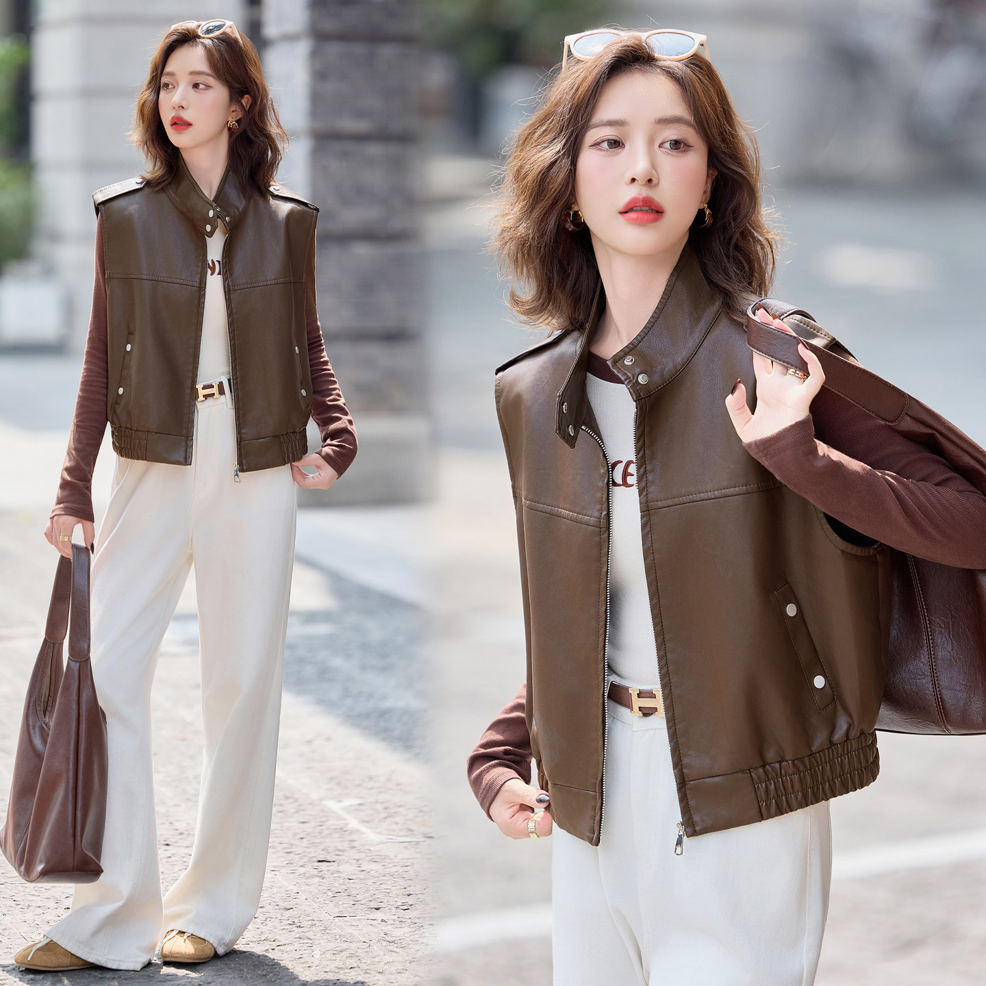 新品现货休闲宽松皮衣马甲女时髦百搭夹克1C115-8105-P105-K218,女装皮衣,吾爱衣