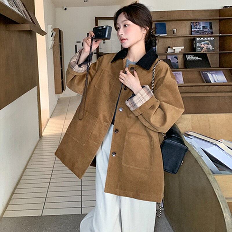 港风时尚复古灯芯绒夹克外套女2025春秋季新款宽松显瘦设计感上衣,女装短外套,2C103