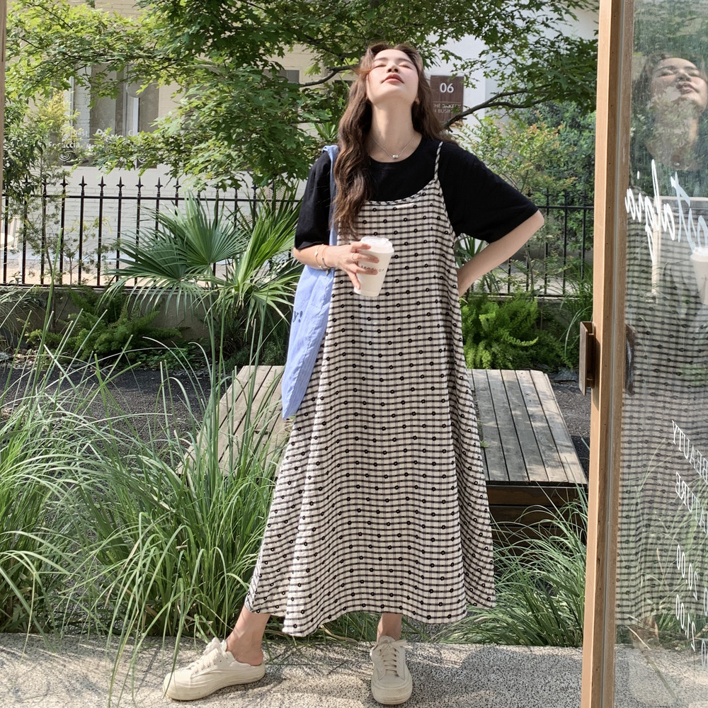 休闲吊带格子连衣裙T恤两件套女2025夏季新款宽松显瘦裙子套装,女装连衣裙,2C275