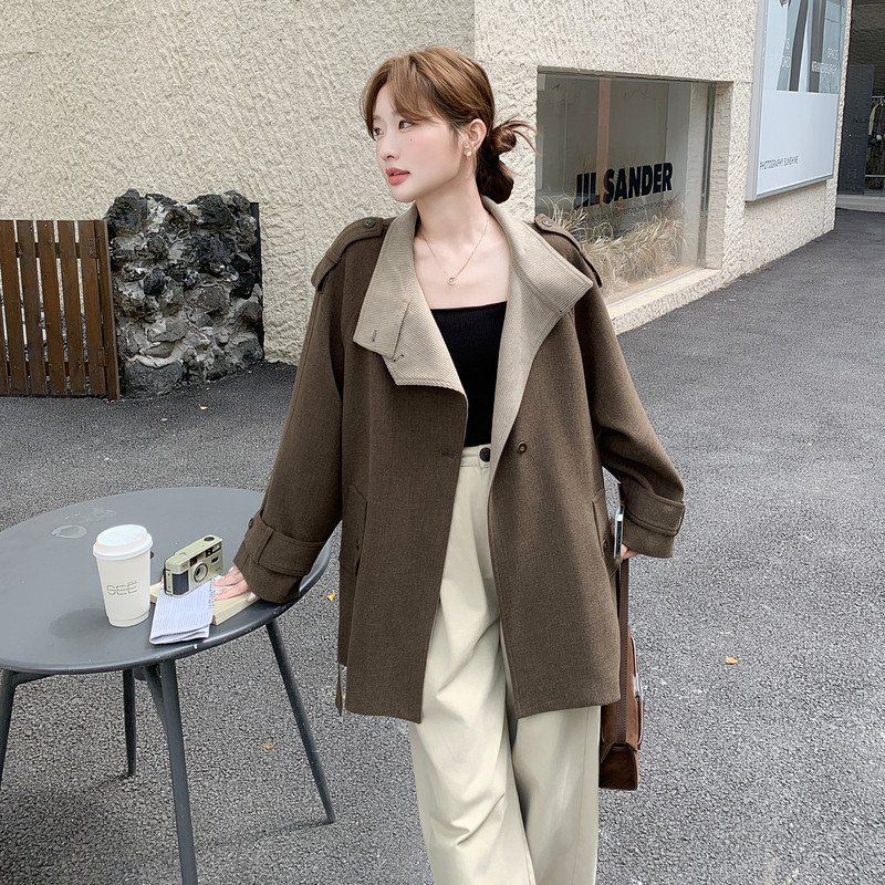 pu皮拼接格子毛呢大衣女秋季2025年小个子收腰高级感时髦气质外套,女装毛呢外套,2C203