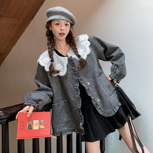 蕾丝花边娃娃领灰色短外套女春秋2025新款小个子高级感减龄森系图片