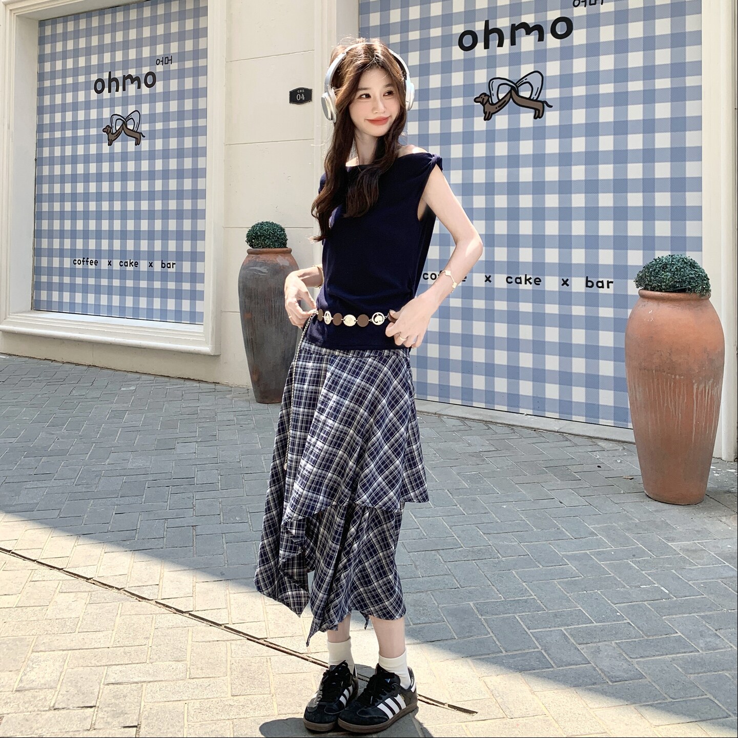 藏青色露肩T恤格子半身裙套装女夏2025新款御姐爆款流行两件套潮,女装套装/套裙,2C135