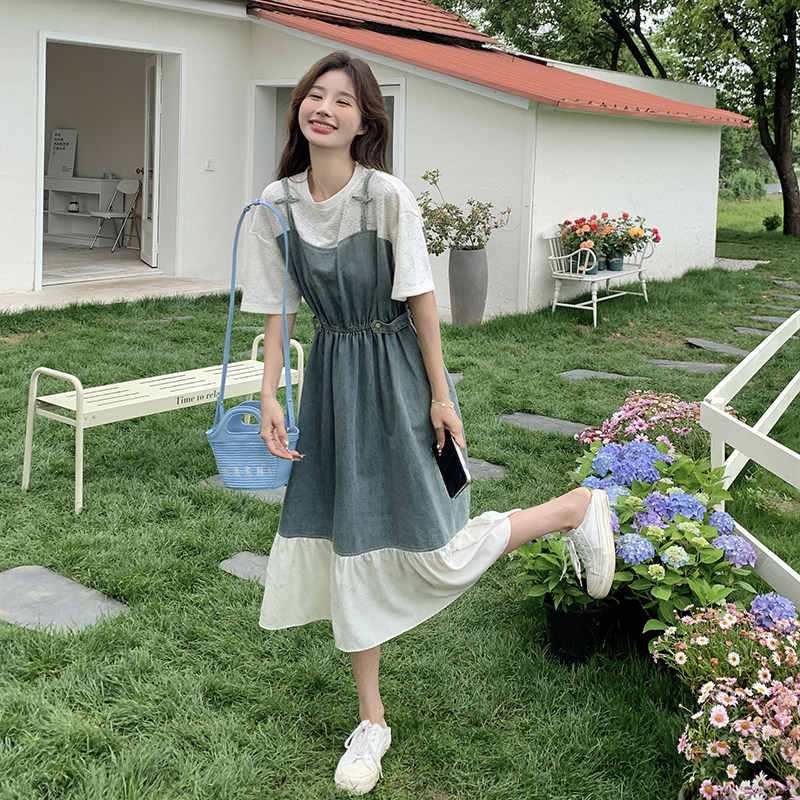 假两件牛仔吊带连衣裙女夏2025新款收腰显瘦休闲小个子设计感学生,女装连衣裙,2C098