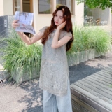 新中式独特别致套装女夏季新款显瘦蕾丝拼接牛仔上衣阔腿裤两件套，女装套装/套裙，2C271
