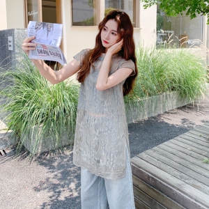 新中式独特别致套装女夏季新款显瘦蕾丝拼接牛仔上衣阔腿裤两件套图片