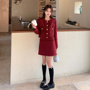 法式红色小香风套装女春秋2025新款盐系轻熟风流行套装裙小洋装图片