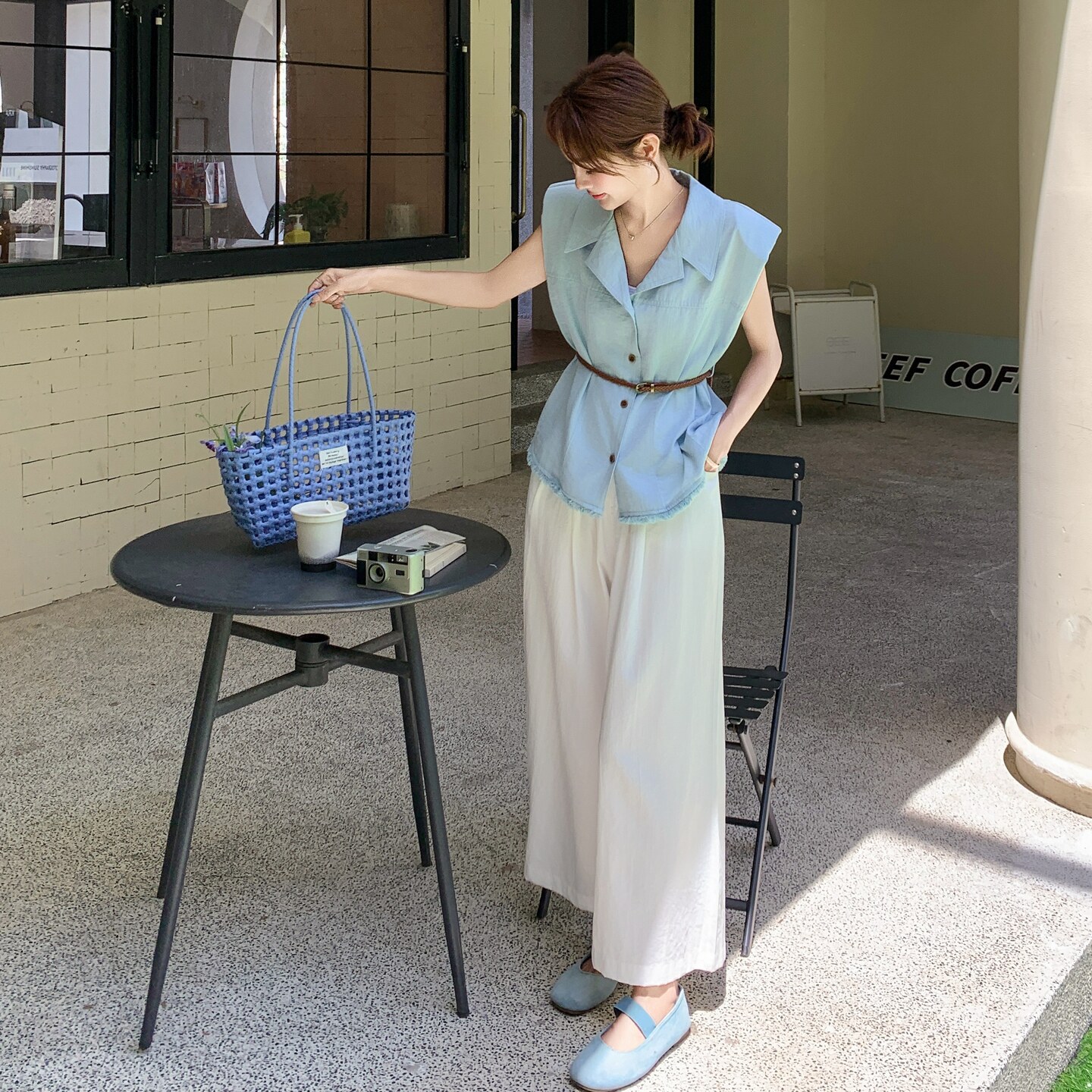 气质慵懒风韩系阔腿裤两件套2025夏季高级感简约翻领衬衫淡人套装,女装套装/套裙,2C166