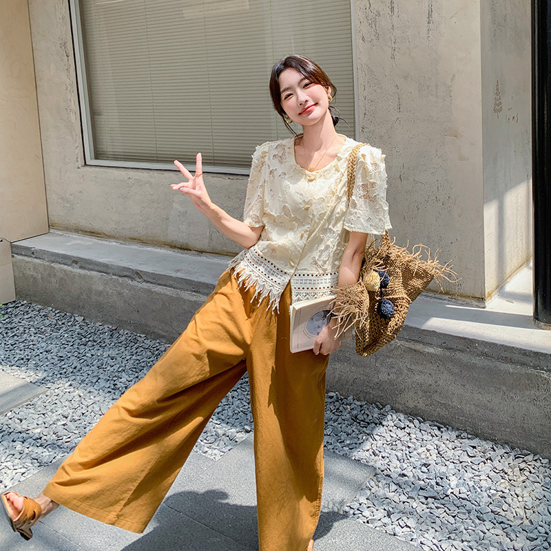 海边度假风无袖镂空罩衫阔腿裤套装女夏季新款独特漂亮ootd一整套,女装套装/套裙,2C166