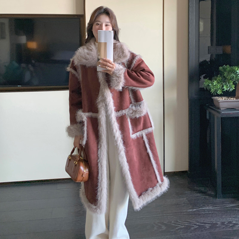 超好看安克拉红色皮毛一体羊羔毛外套女冬长款麂皮绒派克棉服棉衣,女装棉衣/棉服,2C203