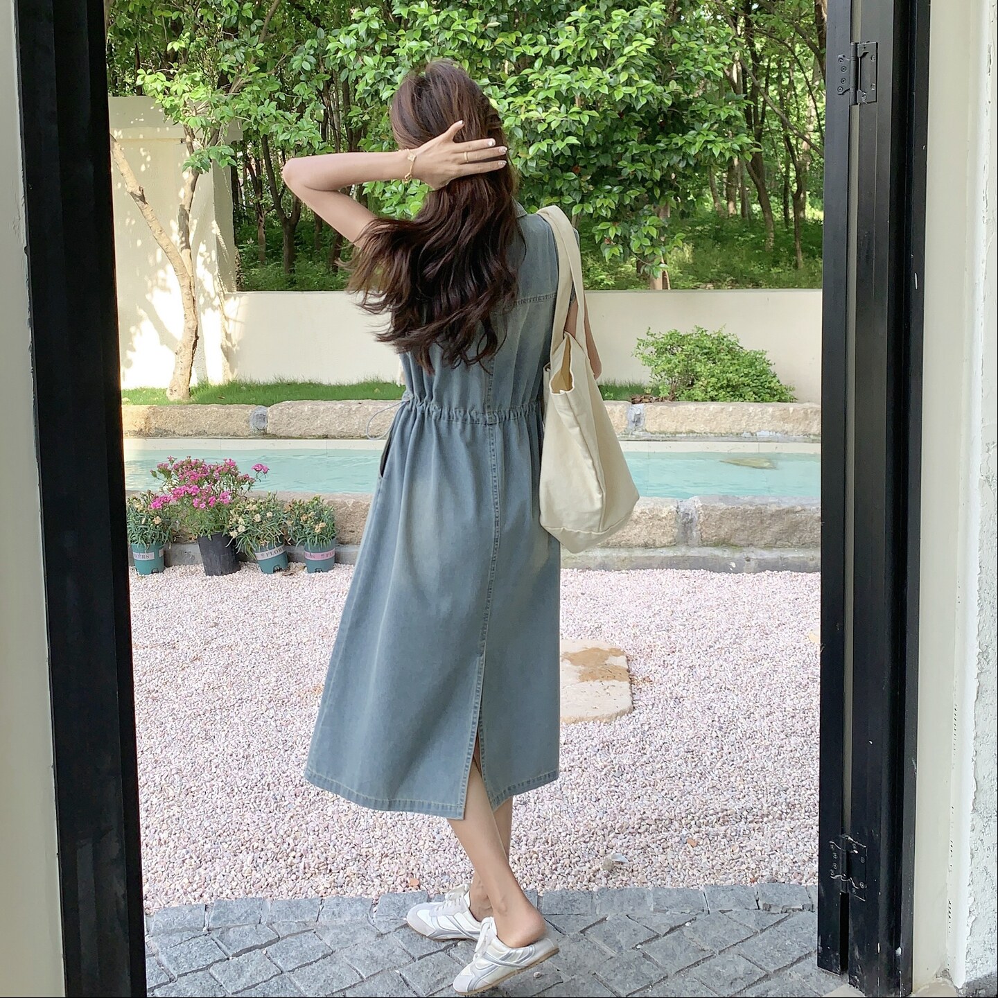 蕾丝拼接无袖牛仔连衣裙女2025夏季新款甜酷风时尚收腰显瘦a字裙,女装连衣裙,2C218