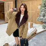 韩系毛绒拼接派克羽绒服女冬卡其色保暖加厚大翻领宽松白鸭绒外套，女装派克服，2C166