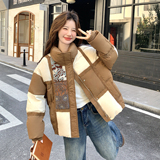 设计感撞色拼接立领90绒羽绒服女短款冬季保暖加厚白鸭绒外套，女装羽绒服，2C166