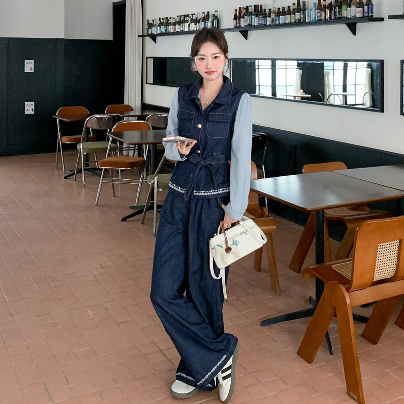 【新款，现货】26春牛仔衬衣马甲拼接假两件套2C215-P205-K328,女装套装/套裙,2C215