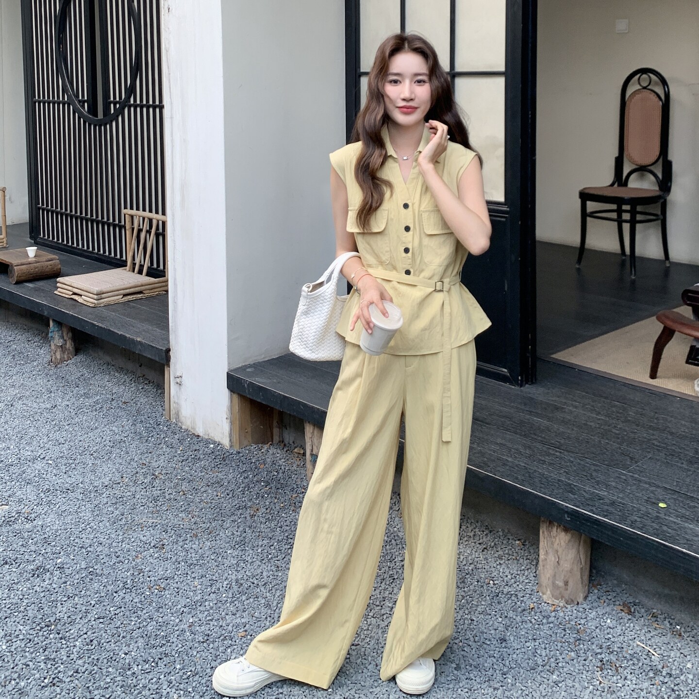 藏青色无袖V领马甲阔腿裤套装2025新款女夏韩版穿搭气质一整套潮,女装套装/套裙,2C212