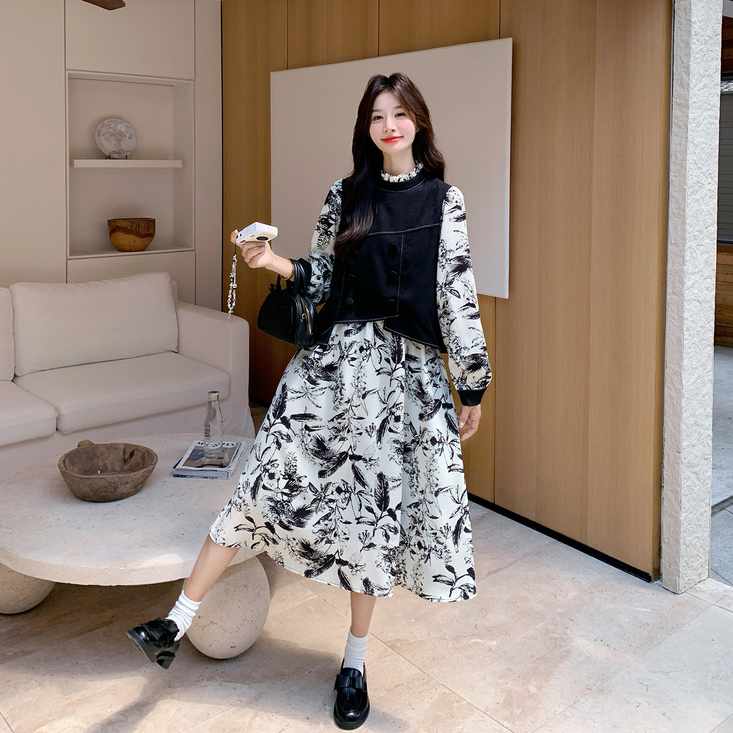 新中式国风假两件拼接长裙女2025秋季新款高级感气质碎花连衣裙,女装连衣裙,2D043