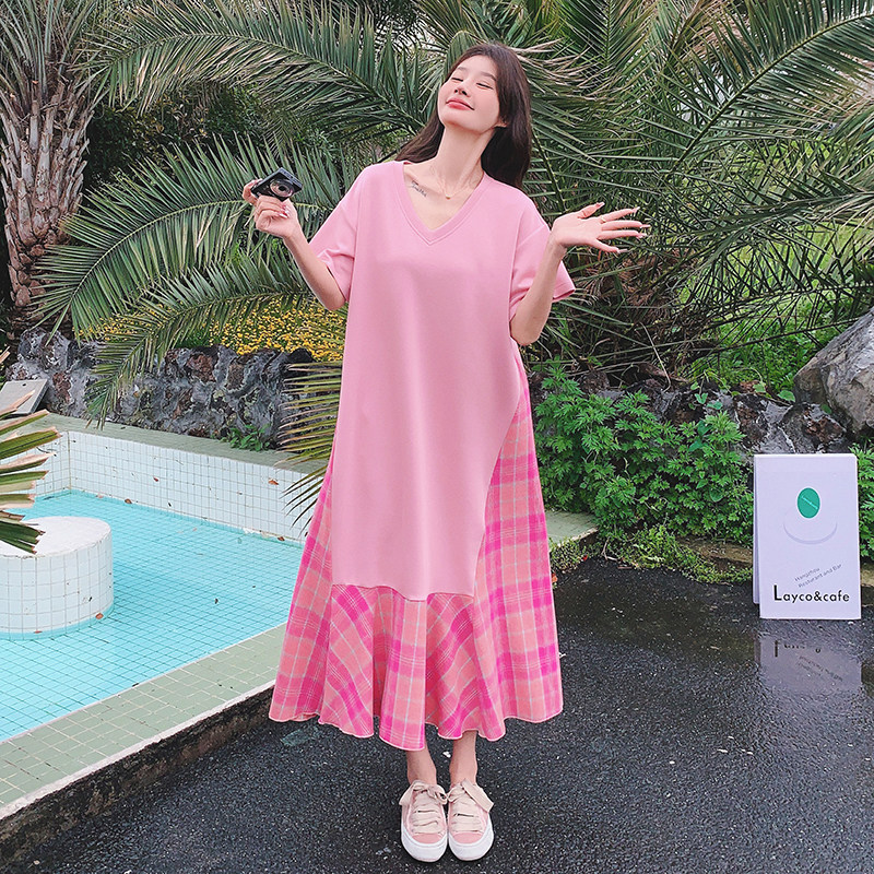 法式粉色拼接格子连衣裙女夏2025新款鱼尾裙高端精致多巴胺t恤裙,女装连衣裙,2C069