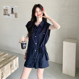 藏青色衬衫短裤套装女夏2025新款盐系轻熟ootd流行巨好看两件套，女装套装/套裙，2C215
