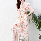 改良旗袍印花连衣裙女夏2023新款小个子修身显瘦气质别致绝美裙子，女装连衣裙，锦绣伊人