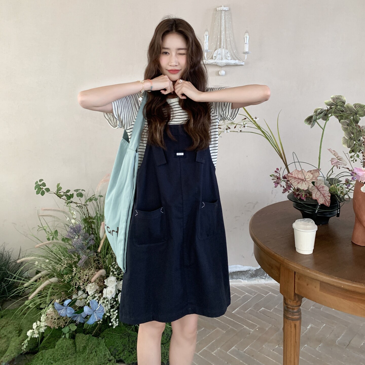 藏青色背带裙休闲条纹T恤套装女2025夏新款韩系小个子穿搭一整套,女装套装/套裙,2C212