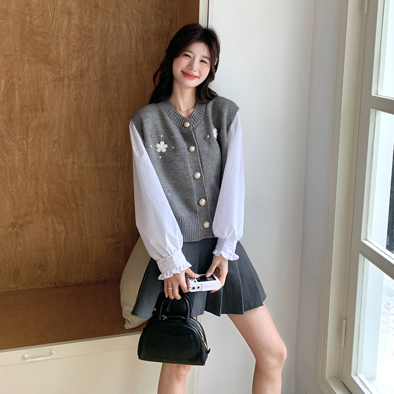 少女感2025春秋新款立体花朵针织马甲长袖圆领衬衫法式高级两件套图片