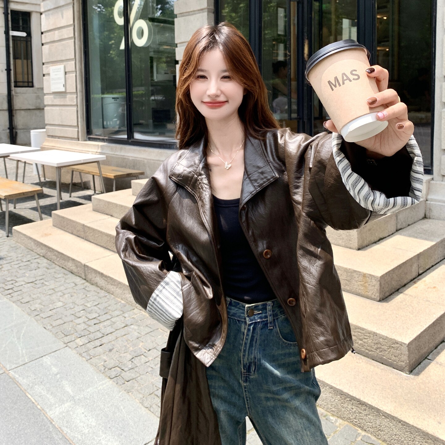 甜酷风复古咖色短款皮衣外套女春秋2025新款小个子PU夹克超火显瘦,女装皮衣,2C135