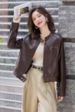 新品现货设计感皮衣外套女短款百搭皮夹克1C115-8111-P120-K228，女装皮衣，吾爱衣