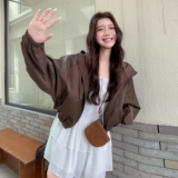 【现货】咖色拼皮宽松连帽休闲外套夹克衫上衣2C353+705#P165K248，女装皮衣，2C353