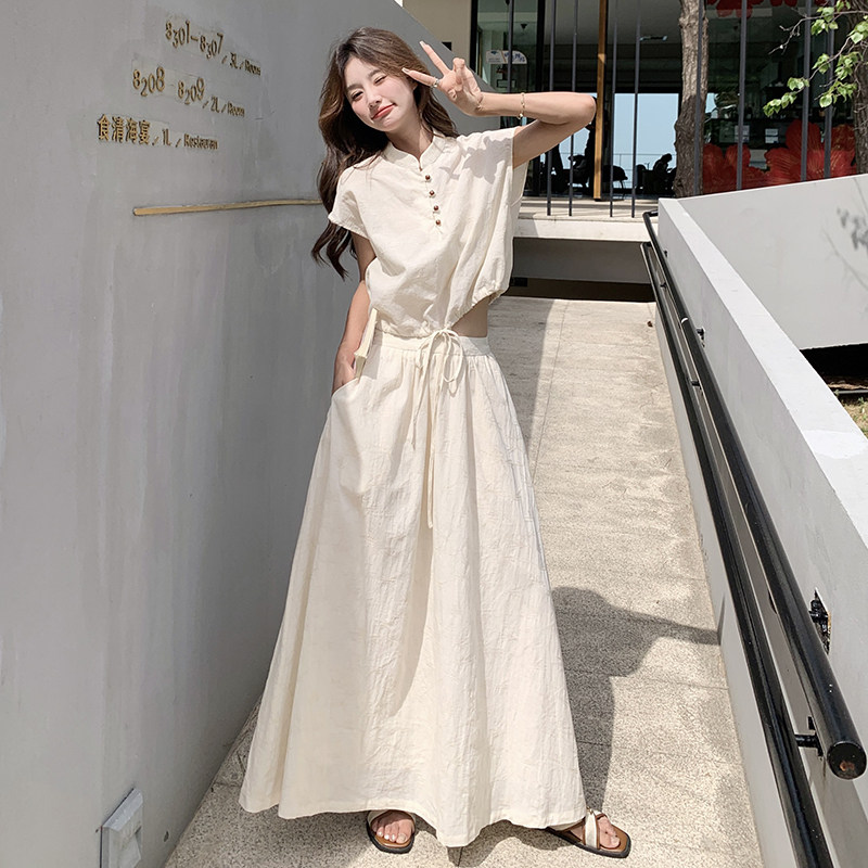 夏季超仙文艺气质半身长裙女2025新中式无袖花苞上衣套装裙两件套图片
