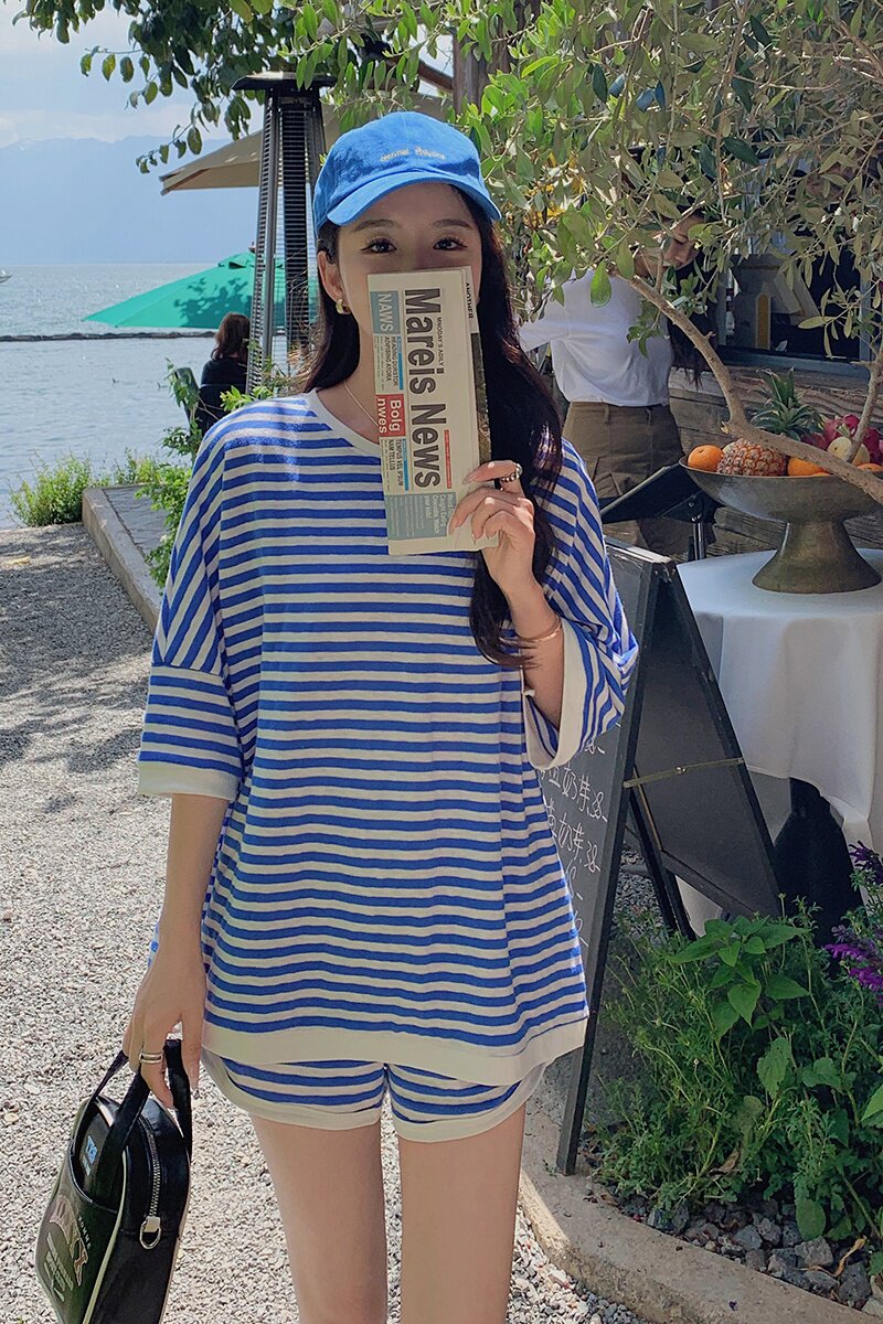 【现货+买家秀】休闲宽松减龄蓝条纹套装088-2385p125控188,女装套装/套裙,2C088