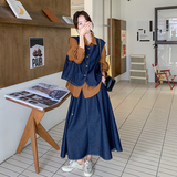法式复古牛仔套装连衣裙女2026春秋设计感小众慵懒风半身裙三件套，女装套装/套裙，2C166