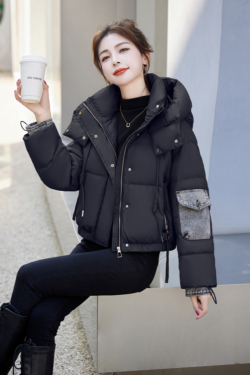 品牌时尚短款羽绒服女冬2025新款小个子牛仔拼接白鸭绒宽松显瘦，女装羽绒服，自然秀,女装羽绒服,自然秀