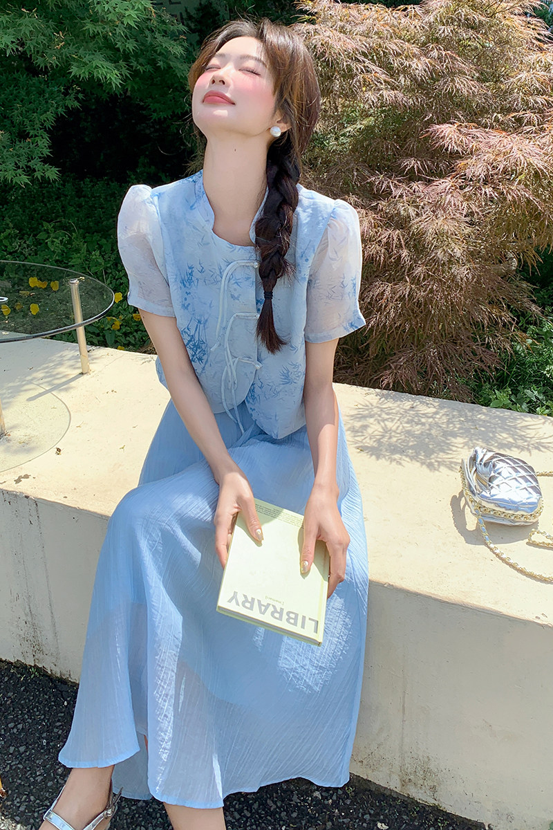 新中式国风盘扣印花上衣套装女2025夏季新款显瘦a字半身裙两件套,女装套装/套裙,2D148