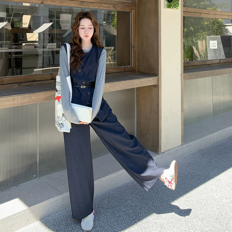 藏青色复古设计感收腰马甲套装女2025秋季打底衫休闲阔腿裤三件套,女装套装/套裙,2C115