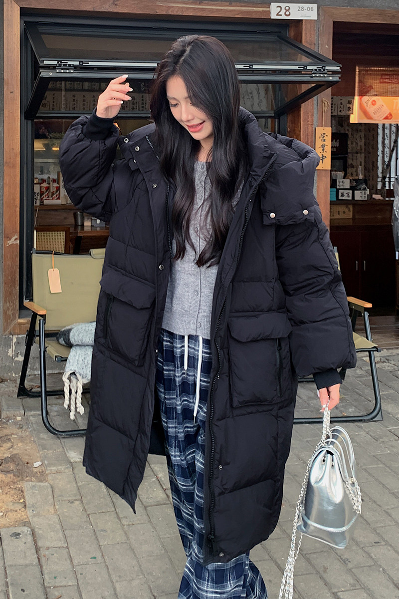 新款红色连帽羽绒服女冬2025新款韩系高级感中长款厚外套,女装羽绒服,2C177