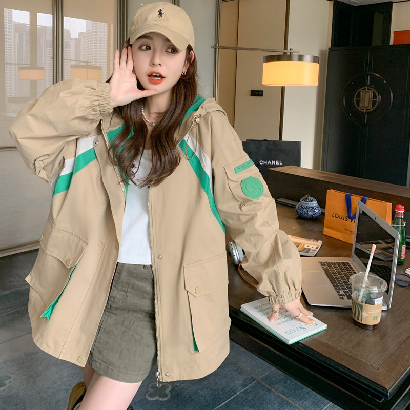 【现货】拼接风衣卡其色冲锋衣连帽外套2265P155控228,女装风衣,2C166