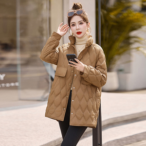 羽绒棉服女中长款2024冬季新款超好看洋气轻薄菱格夹棉外套小棉袄图片