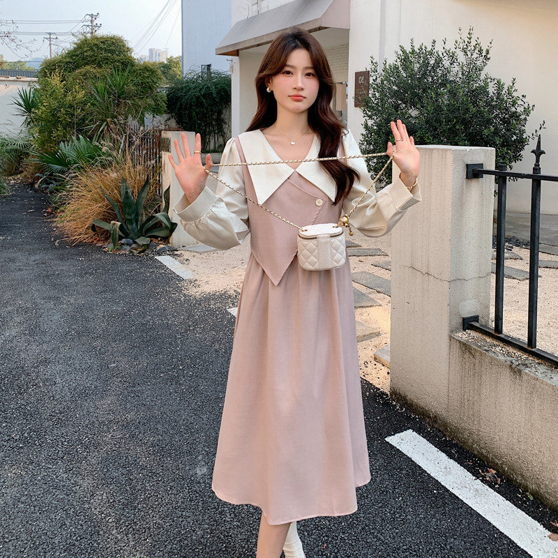 学院风粉色连衣裙女春秋2025新款超火好看高级独特漂亮拼接长裙子,女装连衣裙,2C092