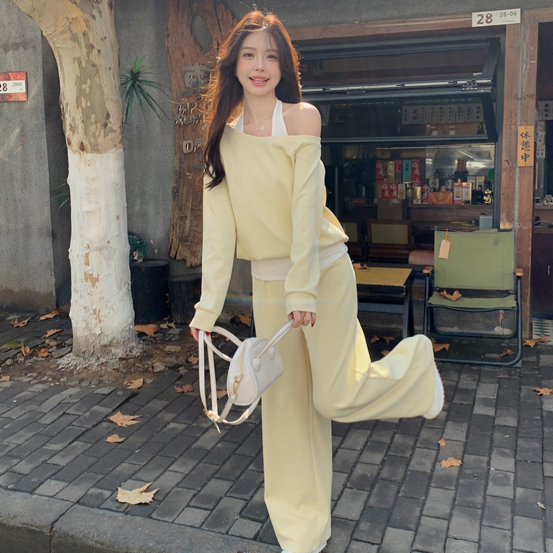 松弛感挂脖假两件上衣阔腿裤两件套套装5862-P155-K218,女装套装/套裙,2C159