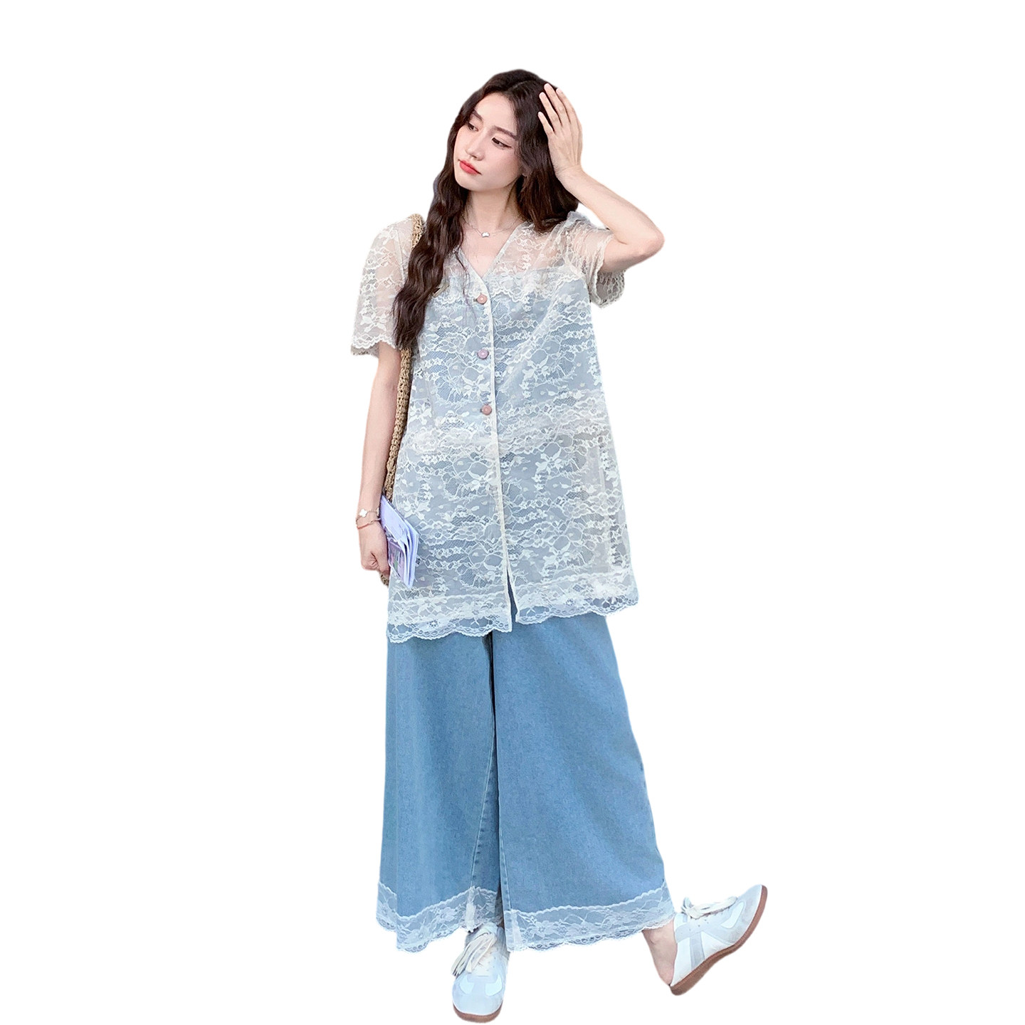 现货2D078-T2080-P165K248蕾丝拼接牛仔上衣+裤子2件套,女装套装/套裙,2D078