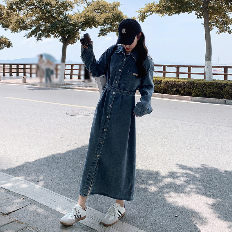 现货2C0287702P135K189复古长袖长款牛仔衬衫外套连衣裙,女装连衣裙,2C028