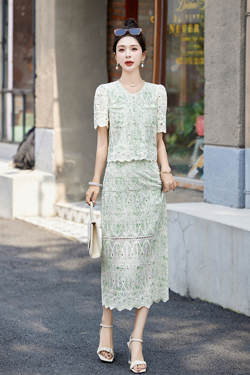 小香风粉色刺绣蕾丝套装裙女2025夏新款甜美超仙气质半身裙两件套,女装套装/套裙,奕可儿