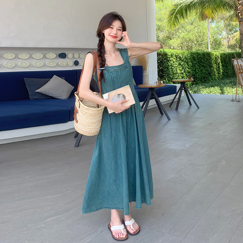 法式减龄盐系牛仔吊带连衣裙女2025夏季新款韩版收腰显瘦度假长裙,女装连衣裙,2C057